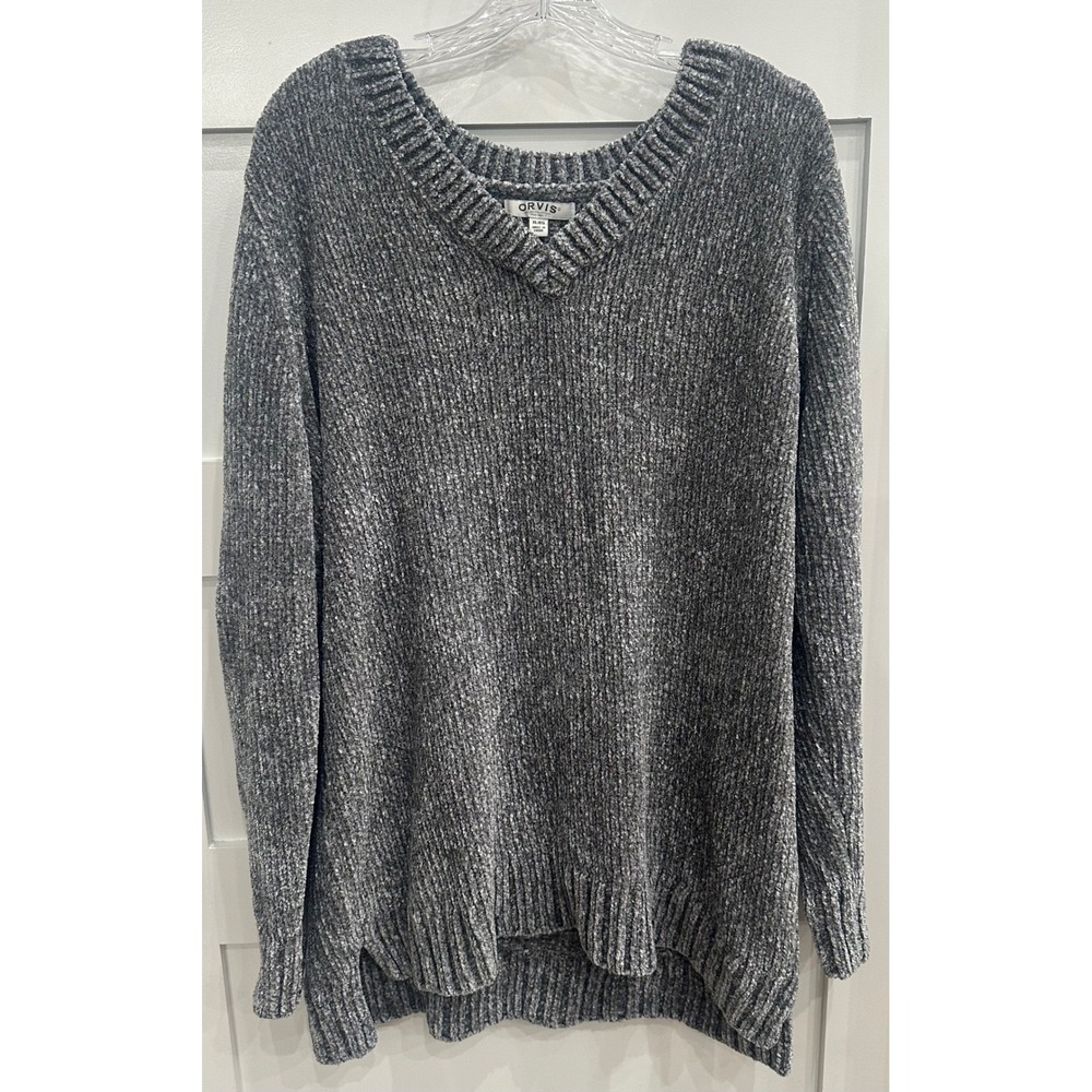 Orvis Women Gray Chenille V-Neck Sweater XL Ribbed Knit Pullover Marl Soft